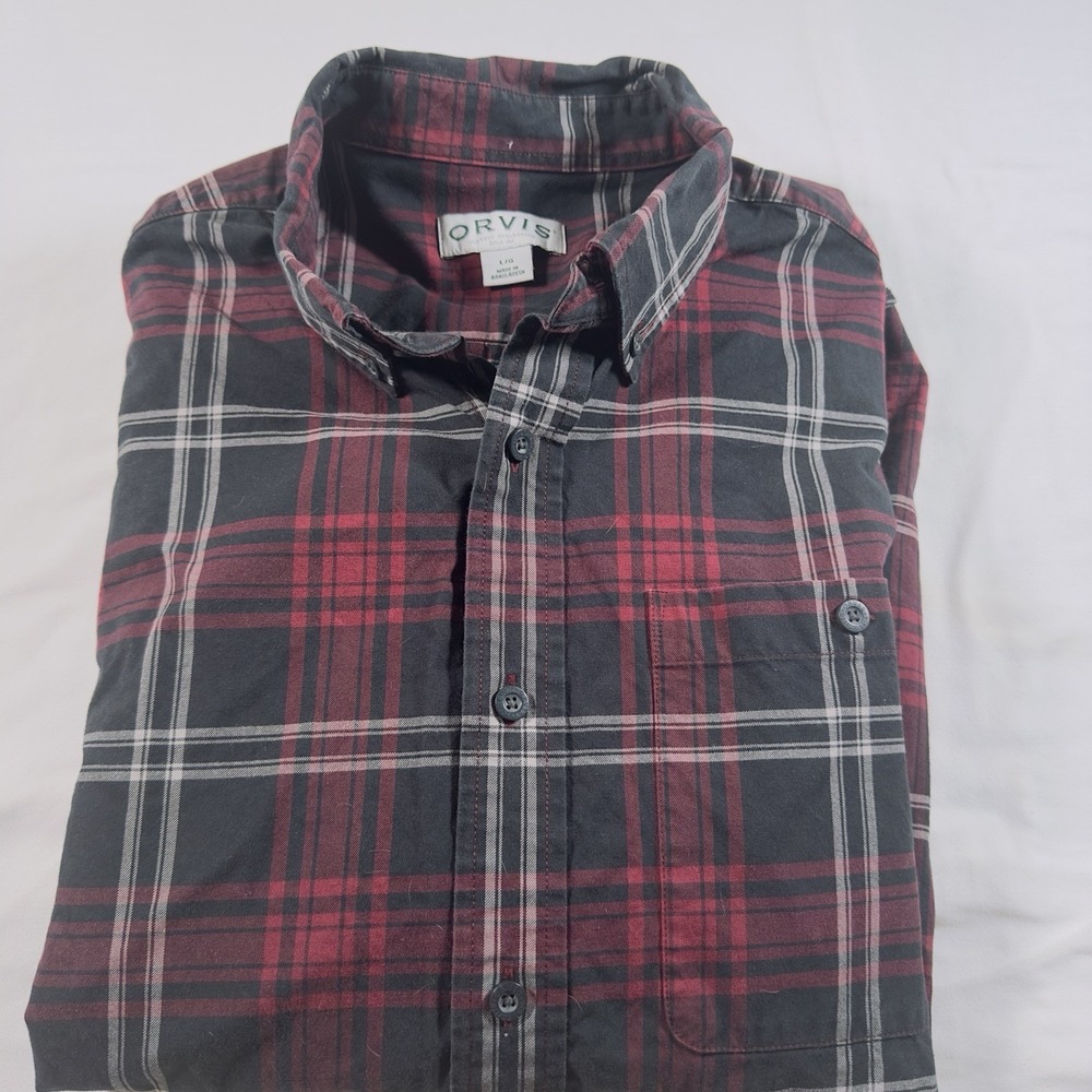 Orvis Shirt Men L Button Up Red Plaid Flannel 100 Cotton Heavyweight Outdoor